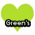 Green heart shape with text 'Green's' above a green background with white floral patterns and text 'of life.'
