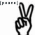 Pixelated black-and-white icon shows a hand making a peace sign with two fingers extended upward, positioned next to partial text reading "[paxol]" on the left side.