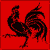 Four pixelated red and black display a rooster and Chinese character, with two showing the rooster and two showing the character