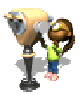 A cartoon girl in a green shirt and blue pants stands next to a large beige binocular-like device, her head turning through multiple poses.