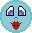 Pixelated light blue character with red lips and blue eyes displays multiple expressions and poses, holding a brown 'D' symbol in various configurations.