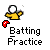 Pixelated character in yellow shirt and white head with red accents, multiple states showing text changes from "Bring That Shift On!" to "YEAH!!" under "Batting Practice" label.