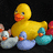 Pixelated yellow rubber duck with orange beak and blue eyes, surrounded by smaller white, light blue, and teal ducks on black background, with yellow text overlay reading "In a world without ducks..."