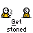 Pixelated character in yellow shirt with smoke, multiple poses above 'Get stoned' text on gray background.