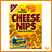 Yellow background with 'CHEESE NIPS' text, green leafy element top-left, blue rectangular shape bottom-left, orange border.