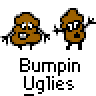 A contact sheet of six animated frames showing pixelated brown characters with cartoonish faces and limbs, each frame paired with the text "Bumpin Uglies" below them on a gray background.