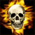 A pixelated skull with hollow eye sockets and nasal cavity surrounded by orange and yellow flames on a black background.