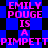 Pixelated text in bright pink on blue and black checkered background with repeated 'EMILY POUGE IS A PIMPETT' phrases.
