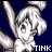Animated icon of a cartoon character with white hair and large eyes, making a gesture against a dark blue background with repeated 'TINK' text.