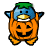 Pixelated orange pumpkin with carved face, blue headpiece, green hair tuft, and yellow beak-like mouth on white background.