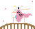 Pixelated character in pink dress with black symbol stands on brown bridge, arms outstretched, legs alternating between standing and kicking poses against gray background with scattered pink petals.