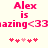 Pixelated pink text reads "Alex is amazing<33" with a of heart symbols below, displayed in two identical side-by-side on a light background