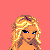 Pixel art character with blonde curly hair and blue eyes, wearing red-and-white striped crop top and light blue jeans against pink background.