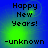 Blue background with green gradient glow, displaying 'Happy New Years!' text and '-unknown' below, in four