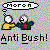 Pixelated image with two cartoon figures, speech bubble reading 'moron', and text 'Anti Bush!' below.