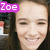 Pixelated close-up of a smiling person with long dark hair, a purple banner reading 'Zoe' in white text at top-left, and a partial bottle in the background.