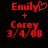 Red pixelated text on black background shows 'Emily' with heart symbol, plus sign, 'Corey', and date '3/4/08' in two side-by-side frames.