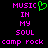 Pixelated text in bright pink and green on black background, with a green heart symbol replacing the 'O' in 'MUSIC' on the left side.
