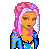 Pixel art contact sheet showing a female character in blue outfit with pink hair across multiple frames, including full-body and partial views, with visible text "Hot and stylish" on the right side.