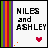 identical pixel art icons featuring 'NILES and ASHLEY' text, a red heart symbol, and vertical colored stripes on the left