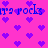 Pixelated pink background with repeating purple heart shapes and blue text reading 'its rocks' in a pattern