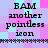 Pixelated text 'BAM another pointless icon' appears in four identical quadrants on a pink and cyan checkered background with horizontal pixel lines.