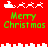 Red background with green 'Merry Christmas' text and white pixelated Santa sleighs and reindeer in two , showing animation changes in reindeer count and sleigh position