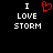 Black background with white text "I LOVE STORM" and a red pixelated heart symbol replacing the word "LOVE" in one view.