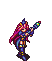 Pixel art character with long pink hair and blue armor holding a glowing staff, shown in three poses with changing light effects.