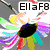 A colorful pixelated image with text overlays and a central black circular shape surrounded by multicolored rays.