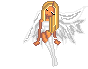 Pixelated angel icon with long blonde hair, white wings, and orange skin sitting in a crouched pose against gray background.