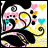 Pixelated icon with white, pink, yellow, black, and cyan elements forming abstract shapes including hearts and spirals on a dark background.