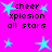 Bright pink background with cyan star shapes and black text reading 'cheer xplosion all stars' in pixelated font.
