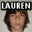 Pixelated image of a person with brown hair and red eyes, overlaid with bold white text on black backgrounds forming the phrase "LAUREN KNOWS SHE LIKES THIS" across five