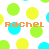Pixelated pattern of green, yellow, and cyan circles with repeated 'Rachel' text in orange, blue, and multicolor lettering on a white background.