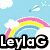 Pixelated image with rainbow, clouds, and text overlays reading "LeylaG Loves Rainbows" on a light blue and purple background.