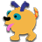 Pixelated yellow dog-like mascot with blue ears, turquoise eyes, black nose, pink tongue, and orange tail tip on gray background.