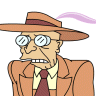 Cartoon character with light brown skin, wearing a wide-brimmed brown hat with a dark brown band, round glasses with light blue lenses, an orange suit jacket, a light yellow shirt, and a dark red tie, expression is stern with gritted teeth.