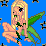 Pixelated character with long blonde hair, green wings, and a flower-like lower body against blue background with black star fragments.