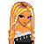 Pixel art of a blonde woman with blue eyes wearing a black and white strapless dress, dark green thigh-high boots, and silver earrings against a gray background.