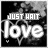 Black-and-white icon with 'JUST HAIT' text above 'love', featuring a cracked glass effect over the background.