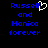 Blue pixelated text on black background reads "Russell and Monica forever" with a white heart symbol replacing the letter 'u' in Russell.
