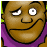 Pixelated cartoon face with exaggerated expression wearing purple shirt against green background.