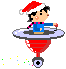 Pixel art animation of a character in Santa hat riding spinning top with motion blur effects on left frame and scattered colored pixels below.