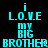 Cyan pixelated text on black background reads "i L.O.V.E my BIG BROTHER" in three vertical with a gray rectangle overlay at bottom right