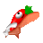 Pixelated red creature with single large eye, green leafy top, and white fin-like appendage on orange body against gray background.