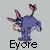 Pixelated static buddy icon featuring a blue cartoon donkey with pink ears and nose, holding two red roses, with the text "Eyore" below it on a light gray background.