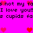 Pixelated pink background with repeated black text and red heart symbols in a static pattern.