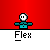 Pixelated character with white circular head and cyan body in various poses above gray bar labeled 'Flex' on red background.