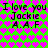 Green background with pink heart pattern, black text repeating "I love you Jackie A.A.F" in two